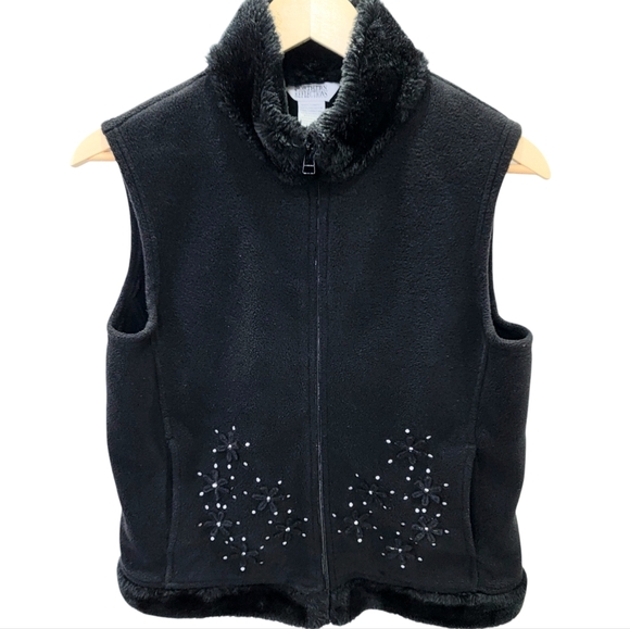 Vintage Northern Reflections Fleece Vest Black Faux Fur Trim Cozy Warm Women’s S - Picture 17 of 17